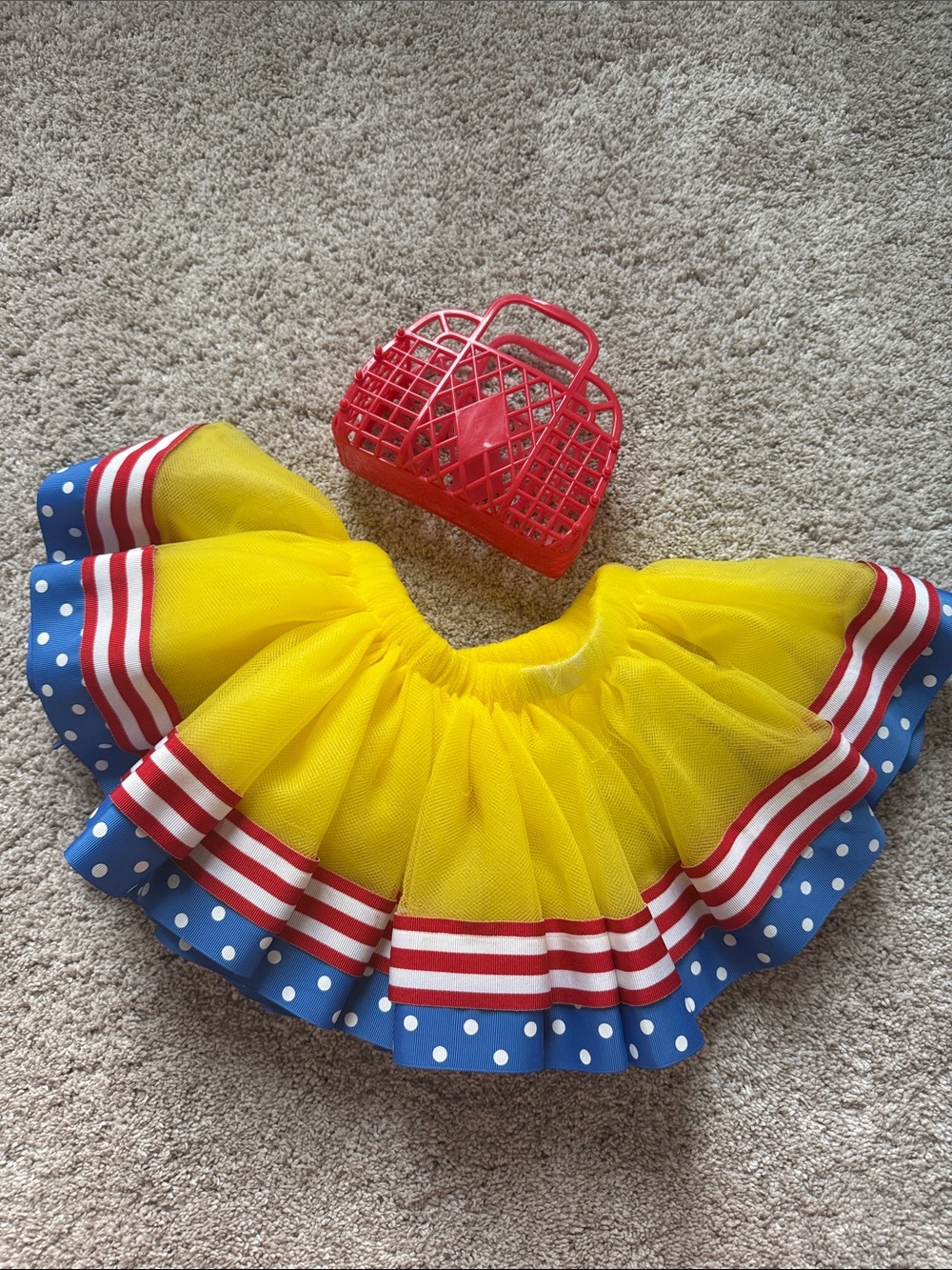 Yellow Blue Polka Dot Kids Tutu Skirt with Red Accents
